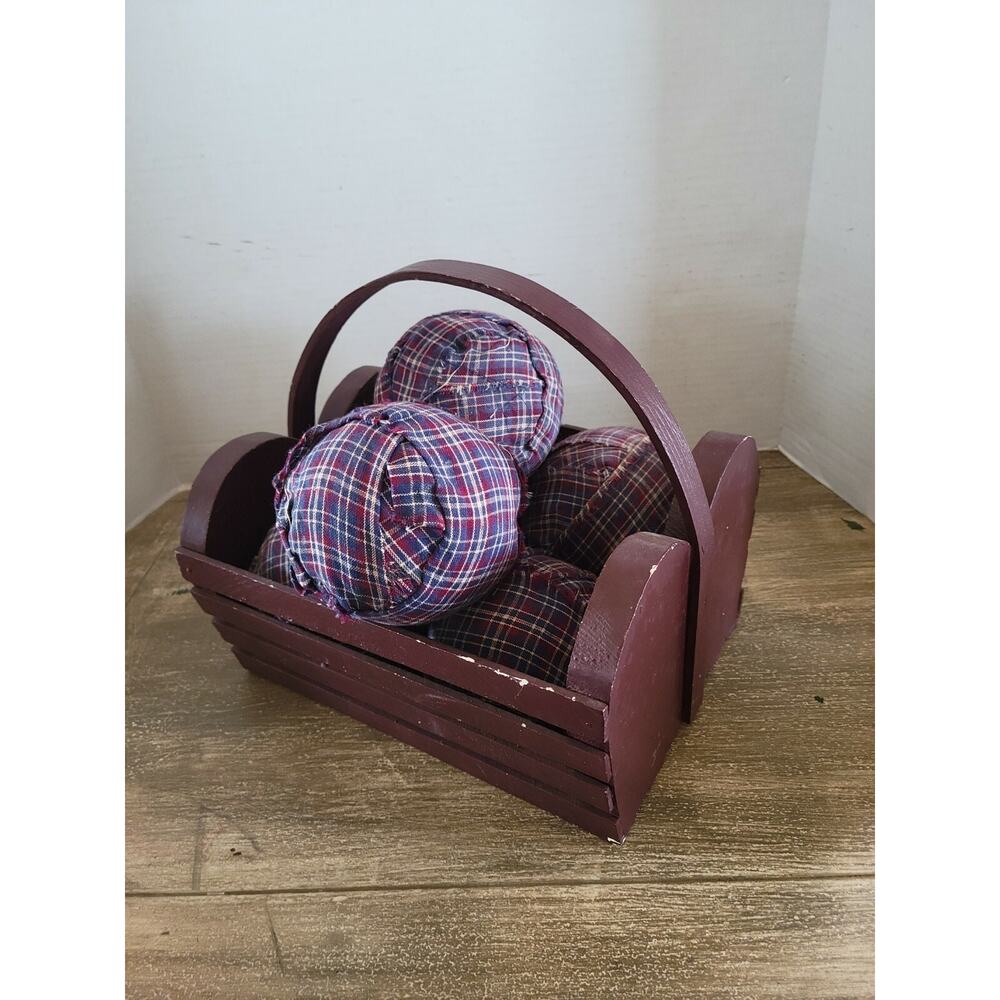 Americana Country Heart Shaped Burgundy Basket And Plaid Decorative Spheres...